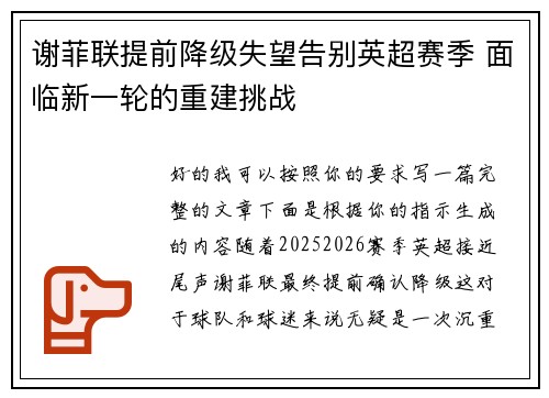 谢菲联提前降级失望告别英超赛季 面临新一轮的重建挑战