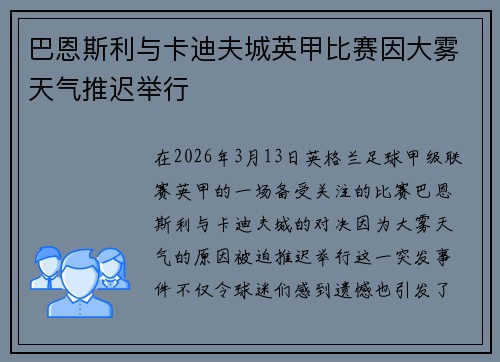 巴恩斯利与卡迪夫城英甲比赛因大雾天气推迟举行