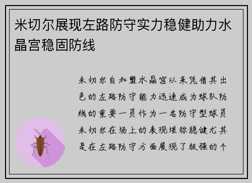 米切尔展现左路防守实力稳健助力水晶宫稳固防线